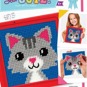 DIY Sew Cute Cat Kitten Kids Beginner Needlepoint Kit with Frame 6&quot; x 6&quot;