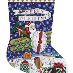 Kit de punto de cruz contado para calcetín navideño con diseño de avión y Papá Noel de DIY Design Works 6852