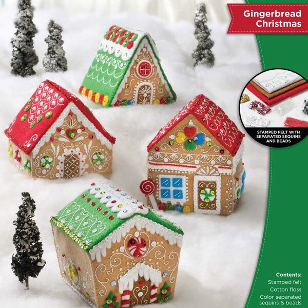 DIY Bucilla Gingerbread Christmas Village Felt 3D Houses Ornament Kit 89383E