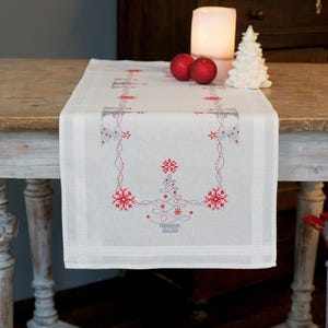 DIY Vervaco Christmas Trees Silver Red Stamped Cross Stitch Table Runner Kit