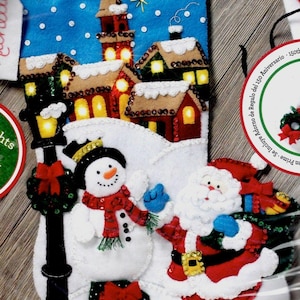 DIY Bucilla Christmas Village Santa Snowman Lighted Felt Stocking Kit