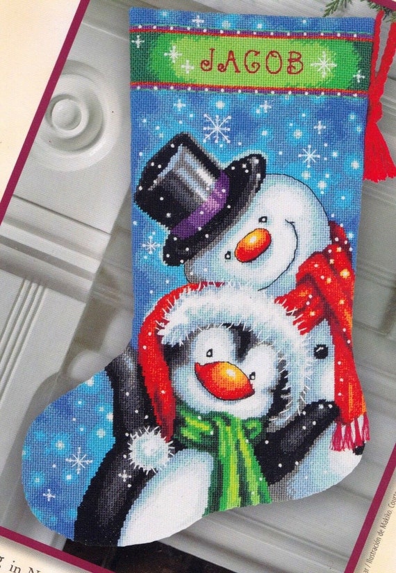 Dimensions Snowman and Bear Needlepoint Christmas Stocking Kit, 16