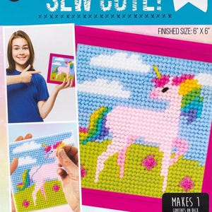 DIY Sew Cute Unicorn Kids Beginner Needlepoint Kit with Frame 6" x 6"