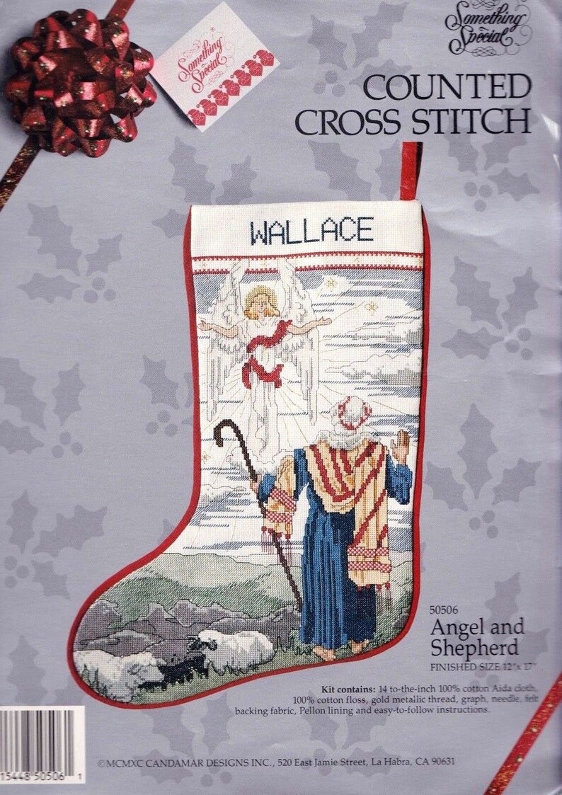 Repackaged Candamar Angel and Shepherd Nativity Christmas Cross Stitch Stocking Kit 50506 R
