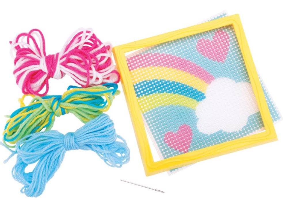 DIY Sew Cute Rainbow Hearts Kids Beginner Starter Needlepoint Kit W Frame  6x6 