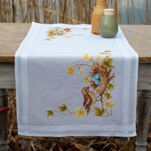 DIY Vervaco Little Bird in Nest Easter Stamped Cross Stitch Table Runner Kit