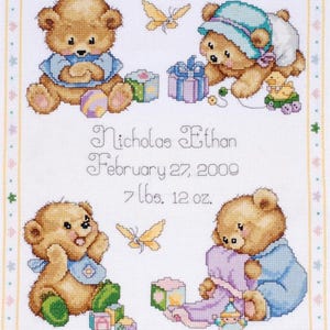 DIY Tobin Baby Bear Teddy Child Birth Record Counted Cross Stitch Kit 11x14