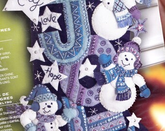 DIY Bucilla Joy Snowmen Snowman Purple Blue Christmas Felt Stocking Kit 86328