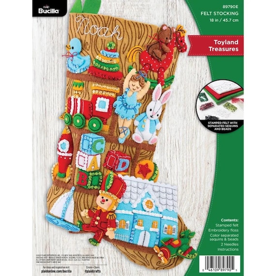 Bucilla Toyland Treasures Felt Stocking Kit - 18" DIY Applique Christmas Stocking Craft Kit With Pre-Cut Pieces