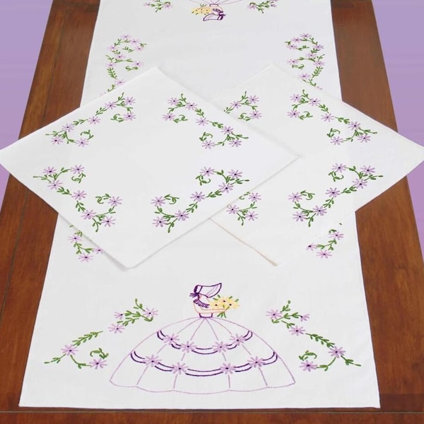 DIY Jack Dempsey Colonial Lady Flowers Stamped Embroidery Scarf & Doily Set