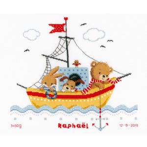 DIY Vervaco Boat Sailing Bear Dog Birth Baby Counted Cross Stitch Kit 14x13
