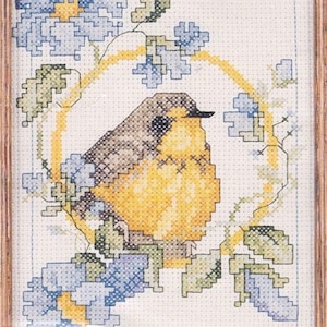 DIY Bernat Canada Warbler Bird Blue Flowers Counted Cross Stitch Kit 5 x 7