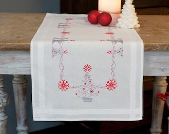 DIY Vervaco Christmas Trees Silver Red Stamped Cross Stitch Table Runner Kit