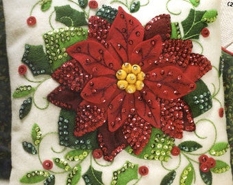 DIY Bucilla Elegant Poinsettia Christmas Holiday Felt Pillow Craft Kit 86983E