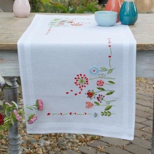 DIY Vervaco Spring Wild Flowers Hearts Stamped Embroidery Table Runner Kit