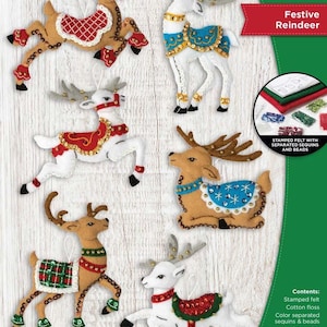 DIY Bucilla Festive Reindeer Christmas Holiday Felt Ornament Kit
