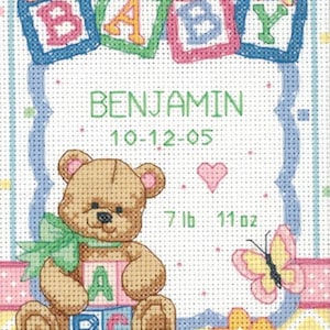 DIY Dimensions Baby Blocks Bear Birth Record Gift Counted Cross Stitch Kit 5x7
