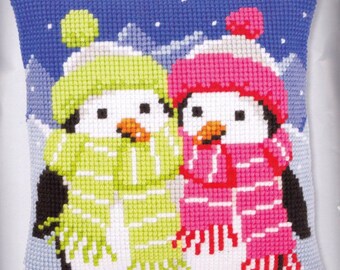 DIY Vervaco pinguïns met sjaalgaren kruissteek borduurnaald 16" kit met kussensloop
