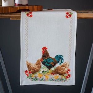 DIY Vervaco Rooster and Chickens Farmhouse Counted Cross Stitch Table Runner Kit