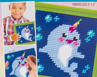 DIY Sew Cute Narwhal Dolphin Kids Beginner Starter Needlepoint Kit w Frame 6"x6"