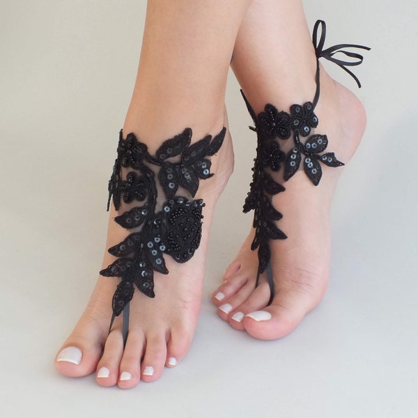 6 color black barefoot sandals, lace barefoot sandals, bridal shoes, anklet, beach wedding lace sandals, bridesmaid gift, shoes goth wedding