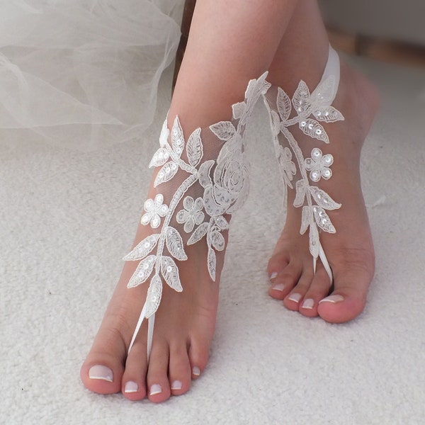 Foot jewelry, lace barefoot sandal, boho wedding sandals, white gold Ivory sandals , hippie sandals, beach wedding sandal, sexy sandals