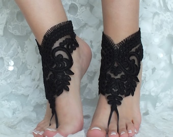 black french lace gothic barefoot sandals flexible wrist beach wedding prom party steampunk burlesque vampire bangle beach Shoes footles