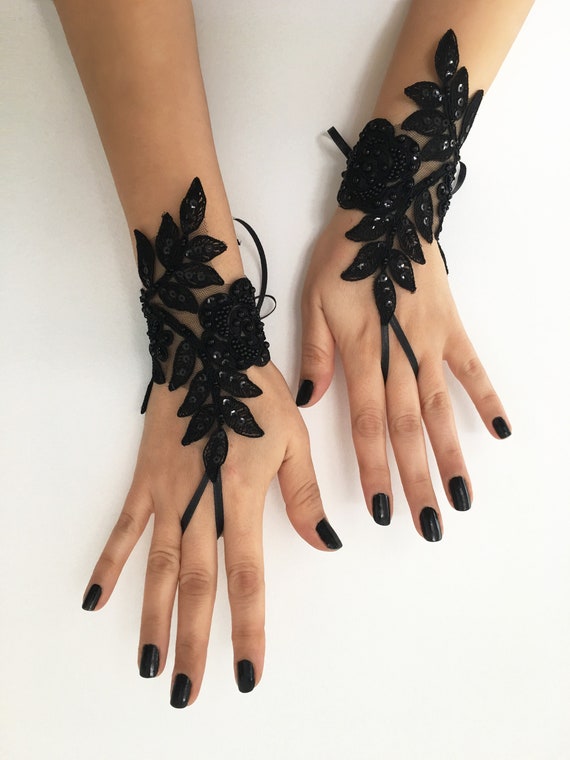 Black lace glove french lace bridal gloves fingerless gloves Etsy