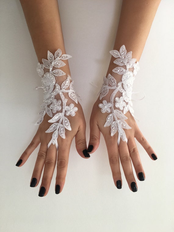 White/Ivory Crystal Wedding Bridal Glove Accessory Beaded Lace fingerless‘gloves 