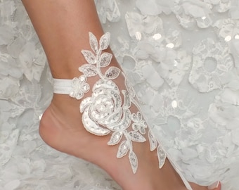 Beach Wedding Barefoot Sandals ivory lace beach shoes Bridesmaids Gift Bridal Jewelry Wedding Shoes Bangle Bridal Accessories Bridal Anklets