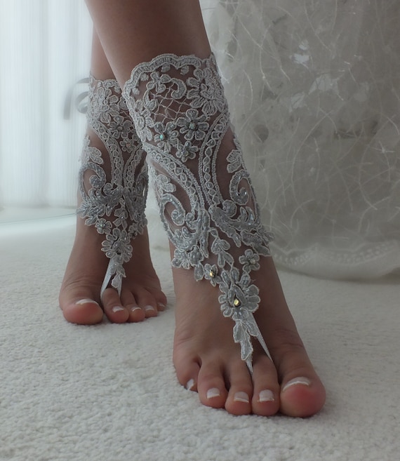 Beach Weddings Silver Grey Lace Barefoot Sandals Bridesmaids | Etsy