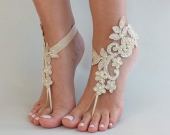 Champagne Lace Sandal Beach Wedding Barefoot Sandals Bridesmaids Gift Bridal Jewelry Wedding Shoes  Bangle Bridal Accessories Anklet