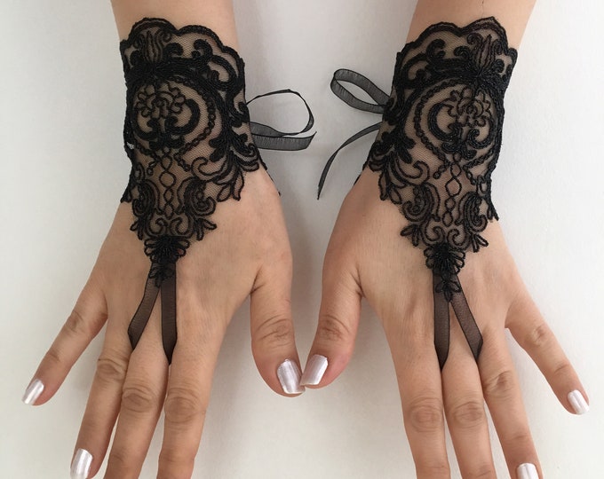 Black Lace Glove French Lace Bridal Gloves Fingerless Gloves Etsy