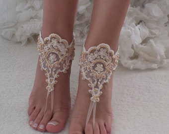 Ivory Gold barefoot sandals wedding shoes lace shoes Beach wedding barefoot sandals beach Wedding Shoes Bridal sandals