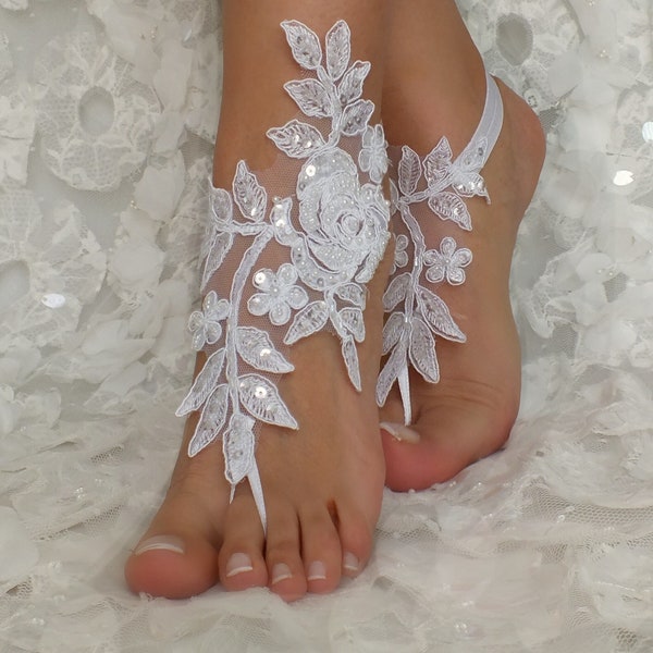 Barfußsandalen weiße Spitze Strandschuhe Brautjungfern Geschenk Brautschmuck Hochzeitsschuhe Strandhochzeiten Brautaccessoires Braut Fußkettchen
