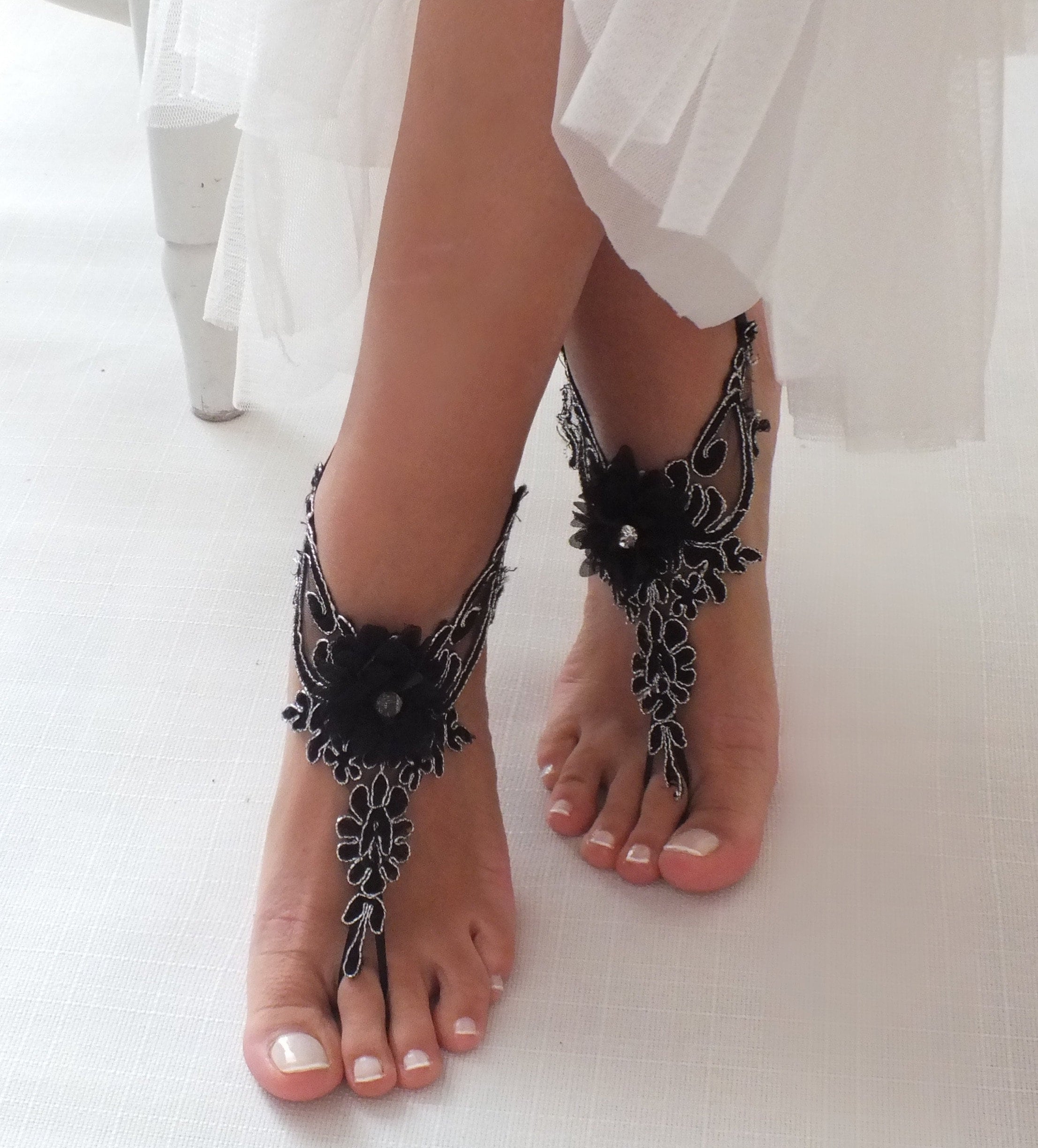 Black Silver Lace Gothic Barefoot Sandals Bellydance Wedding | Etsy