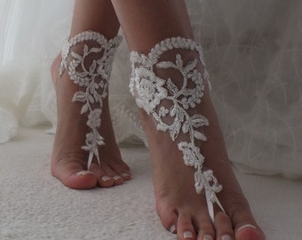 EXPRESS SHIPPING Beach Wedding Barefoot Sandals ivory silver lace barefoot sandals beach shoes Bridesmaid Bridal Accessories Bridal Anklets