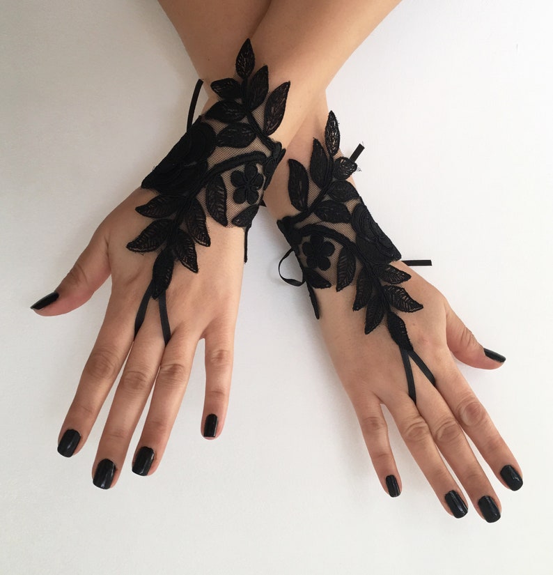 Black Lace Glove French Lace Bridal Gloves Fingerless Gloves Etsy