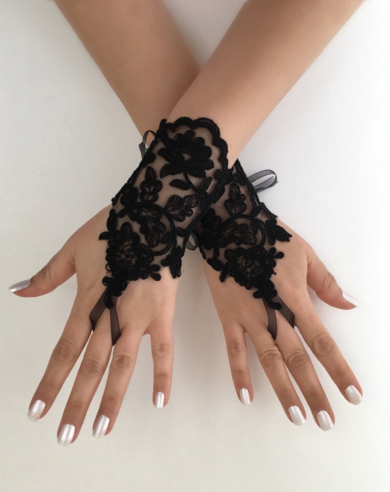 Black Lace Glove French Lace Bridal Gloves Fingerless Gloves Etsy