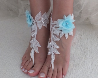 Beach wedding barefoot sandals blue flowers wedding shoes beach shoes bridal accessories bangle beach anklets bride bridesmaids gift