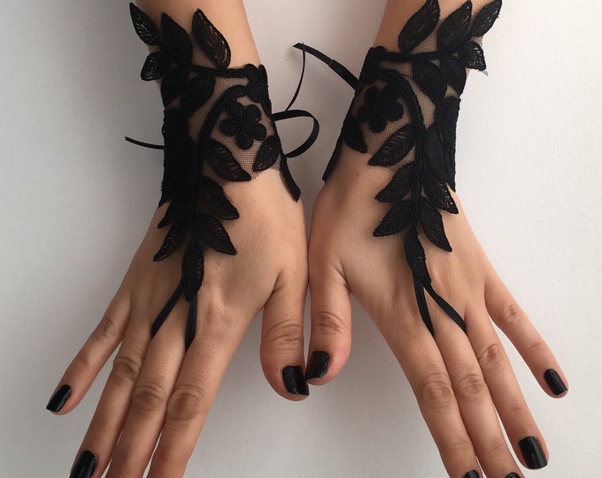 Black Lace Glove French Lace Bridal Gloves Fingerless Gloves Etsy