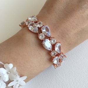 Rose gold Cubic Zirconia Crystal Bracelet, Rose gold Bridal Bracelet, Wedding Day Bracelet, Crystal Bracelet for Bride, Bridal Jewellery