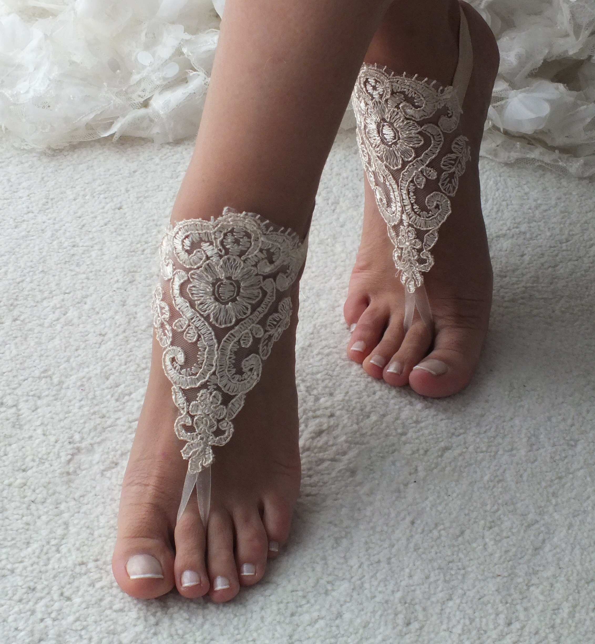 Champagne Lace Barefoot Sandals Beach Shoes Wedding Shoes - Etsy