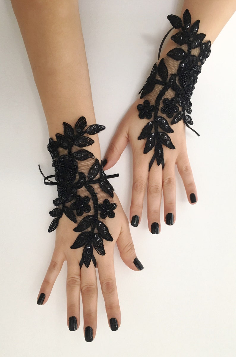 Black lace glove french lace bridal gloves fingerless gloves Etsy