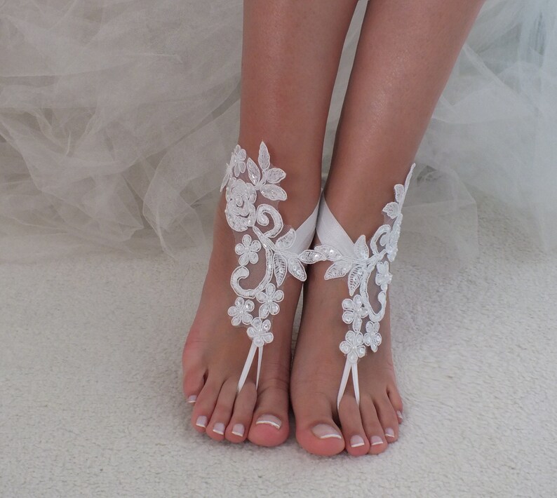 White or ivory lace barefoot sandals wedding barefoot Flexible | Etsy