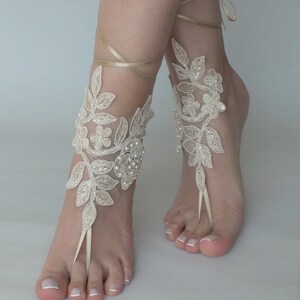 EXPRESS SHIPPING Champagne Lace Barefoot Sandals Wedding Shoes Beach ...