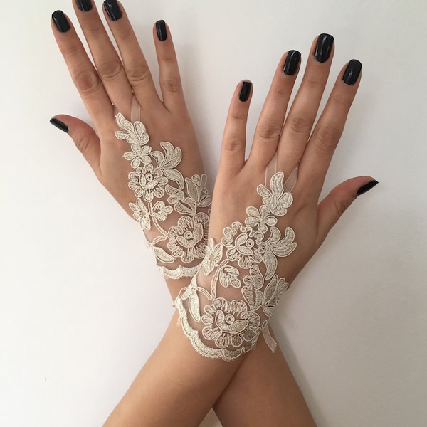 Champagne Bridal Glove Wedding Gloves,  lace gloves, Ivory bride glove bridal gloves lace gloves fingerless Unique glove