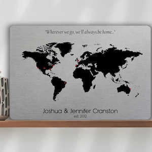 World Map on Aluminum, Tin Anniversary Gift, 10 Year Anniversary Metal Print, Military Family Gift, World Traveler Sign,