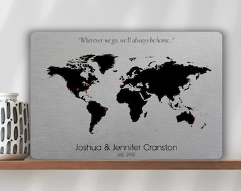 Personalized World Map Metal Print, Tin Anniversary Gift