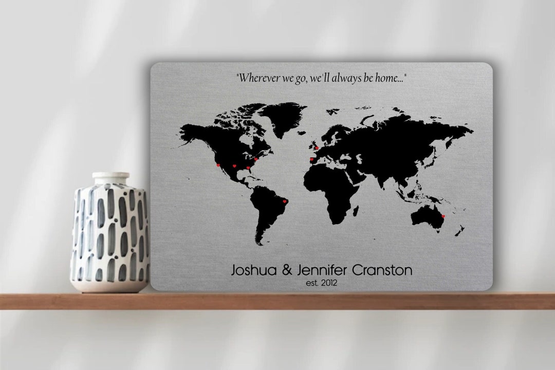 World Map on Aluminum, Tin Anniversary Gift, 10 Year Anniversary Metal